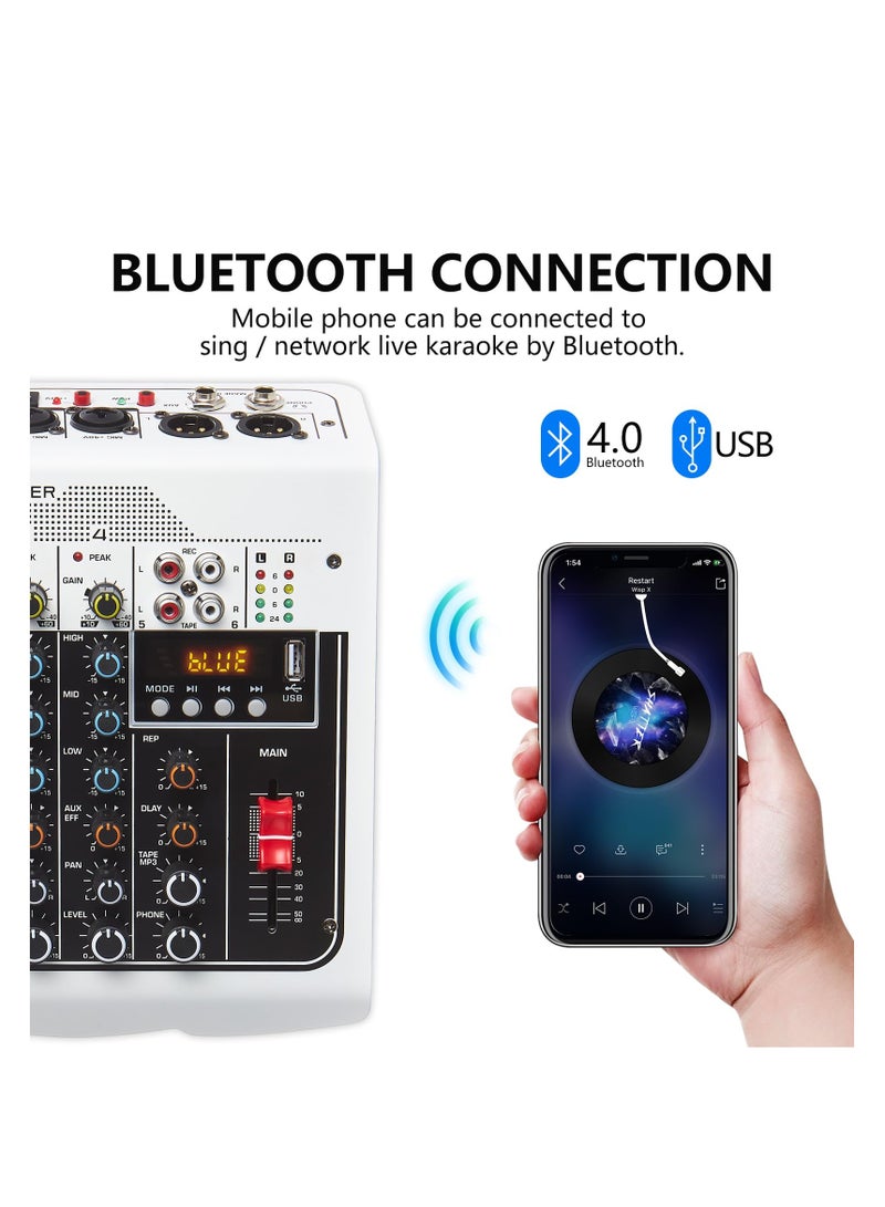 Audio Mixer, 6 Channel DJ Mixer Sound Board Console, 3-Band Equalization Adjustment, with USB MP3 Bluetooth Input 48V, Fit for Live Performance Home Stage, Karaoke, Live Streaming Online - Image 4